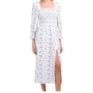 House of Harlow 1960 Floral White and Blue Long Sleeve Dress Linen Blend Size S